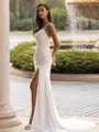 Chic Sheath/Column Chiffon Ruched V-Neck Sleeveless Sweep/Brush Train Wedding Dress