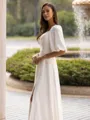 Flattering A-Line/Princess Chiffon Ruched Off-the-Shoulder 1/2 Sleeves Floor-Length Wedding Dress