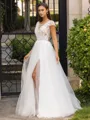 Understated A-Line/Princess Lace Applique Scoop Short Sleeves Sweep/Brush Train Wedding Dress