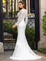 Tasteful Sheath/Column Lace Hand-Made Flower V-Neck Long Sleeves Sweep/Brush Train Wedding Dress