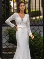 Tasteful Sheath/Column Lace Hand-Made Flower V-Neck Long Sleeves Sweep/Brush Train Wedding Dress