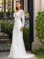 Tasteful Sheath/Column Lace Hand-Made Flower V-Neck Long Sleeves Sweep/Brush Train Wedding Dress