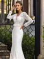Tasteful Sheath/Column Lace Hand-Made Flower V-Neck Long Sleeves Sweep/Brush Train Wedding Dress