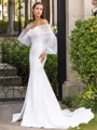 Radiant Sheath/Column Stretch Crepe Ruched Off-the-Shoulder Long Sleeves Sweep/Brush Train Wedding Dress