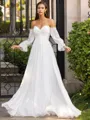 Impeccable A-Line/Princess 30D Chiffon Ruched Off-the-Shoulder Long Sleeves Sweep/Brush Train Wedding Dress