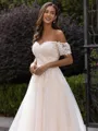Modest A-Line/Princess Lace Applique Off-the-Shoulder Short Sleeves Sweep/Brush Train Wedding Dress