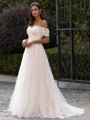 Modest A-Line/Princess Lace Applique Off-the-Shoulder Short Sleeves Sweep/Brush Train Wedding Dress