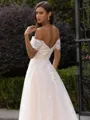 Modest A-Line/Princess Lace Applique Off-the-Shoulder Short Sleeves Sweep/Brush Train Wedding Dress