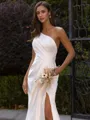 Endearing Sheath/Column Satin Ruched One-Shoulder Sleeveless Sweep/Brush Train Wedding Dress