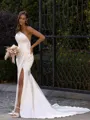 Endearing Sheath/Column Satin Ruched One-Shoulder Sleeveless Sweep/Brush Train Wedding Dress