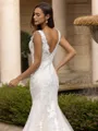 Unique Sheath/Column Lace Applique Straps Sleeveless Sweep/Brush Train Wedding Dress