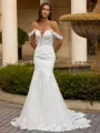 Elegant Mermaid Off-the-Shoulder Appliques Lace Cathedral Train Tulle Corset Wedding Dress
