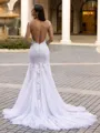Graceful Mermaid V-Neck Appliques Lace Chapel Train Tulle Wedding Dress
