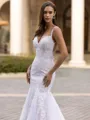Graceful Mermaid V-Neck Appliques Lace Chapel Train Tulle Wedding Dress