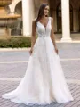 Regal A-Line/Princess Lace Applique V-Neck Sleeveless Sweep/Brush Train Wedding Dress