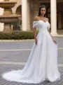 Classy A-Line/Princess Tulle Ruched Off-the-Shoulder Sleeveless Sweep/Brush Train Wedding Dress