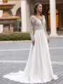Chic A-Line/Princess Chiffon Applique V-Neck Long Sleeves Sweep/Brush Train Wedding Dress