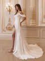 Refined A-line Cold Shoulder Pleated Court Train Charmeuse Wedding Dress