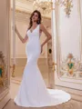 Timeless Sheath V-Neck Appliques Lace Court Train Stretch Crepe Wedding Dress