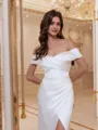 Glamorous Sheath Off-the-Shoulder Pleated Cathedral Train Charmeuse Corset Wedding Dress