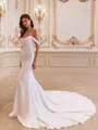 Gracious Sheath Off-the-Shoulder Pleated Cathedral Train Stretch Crepe Wedding Dress