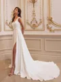 Modest A-line V-Neck Pleated Chapel Train Stretch Crepe Wedding Dress
