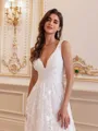 Charming A-line V-Neck Appliques Lace Court Train Lace Wedding Dress