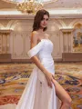 Statuesque Sheath Off-the-Shoulder Pleated Cathedral Train Charmeuse Wedding Dress