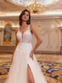 Rhythmic A-line V-Neck Appliques Lace Chapel Train Tulle Wedding Dress