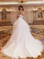 Tasteful Ball-Gown Off-the-Shoulder Cascading Ruffles Court Train Tulle Corset Wedding Dress