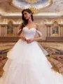 Tasteful Ball-Gown Off-the-Shoulder Cascading Ruffles Court Train Tulle Corset Wedding Dress
