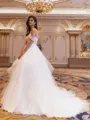 Tasteful Ball-Gown Off-the-Shoulder Cascading Ruffles Court Train Tulle Corset Wedding Dress