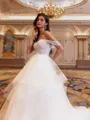 Tasteful Ball-Gown Off-the-Shoulder Cascading Ruffles Court Train Tulle Corset Wedding Dress