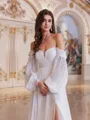 Gorgeous A-line Off-the-Shoulder Long Sleeves Pleated Court Train Chiffon Wedding Dress