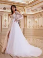 Regal A-line V-Neck Long Sleeves Appliques Lace Court Train Tulle Wedding Dress
