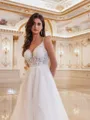Stylish A-line V-Neck Appliques Lace Chapel Train Tulle Wedding Dress