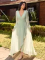 Glam A-line V-Neck Long Sleeves Pleated Asymmetrical Chiffon Bridesmaid Dress