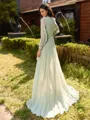 Glam A-line V-Neck Long Sleeves Pleated Asymmetrical Chiffon Bridesmaid Dress