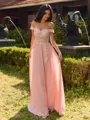 Fashion A-line Off-the-Shoulder Appliques Lace Floor-Length Chiffon Bridesmaid Dress