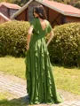 Opulent A-line V-Neck Short Sleeves Ruffles Floor-Length Chiffon Bridesmaid Dress