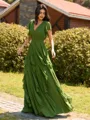 Opulent A-line V-Neck Short Sleeves Ruffles Floor-Length Chiffon Bridesmaid Dress