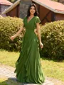 Opulent A-line V-Neck Short Sleeves Ruffles Floor-Length Chiffon Bridesmaid Dress