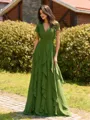 Opulent A-line V-Neck Short Sleeves Ruffles Floor-Length Chiffon Bridesmaid Dress