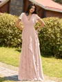 Opulent A-line V-Neck Short Sleeves Ruffles Floor-Length Chiffon Bridesmaid Dress