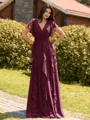 Opulent A-line V-Neck Short Sleeves Ruffles Floor-Length Chiffon Bridesmaid Dress