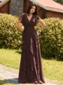 Opulent A-line V-Neck Short Sleeves Ruffles Floor-Length Chiffon Bridesmaid Dress