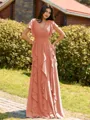 Opulent A-line V-Neck Short Sleeves Ruffles Floor-Length Chiffon Bridesmaid Dress