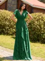 Opulent A-line V-Neck Short Sleeves Ruffles Floor-Length Chiffon Bridesmaid Dress