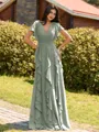 Opulent A-line V-Neck Short Sleeves Ruffles Floor-Length Chiffon Bridesmaid Dress