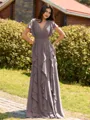 Opulent A-line V-Neck Short Sleeves Ruffles Floor-Length Chiffon Bridesmaid Dress